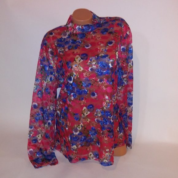 Shein Blouse Size 1X Pink Blue Floral Sheer Lace Mock Neck Long Sleeve  Pit to P - Picture 2 of 7